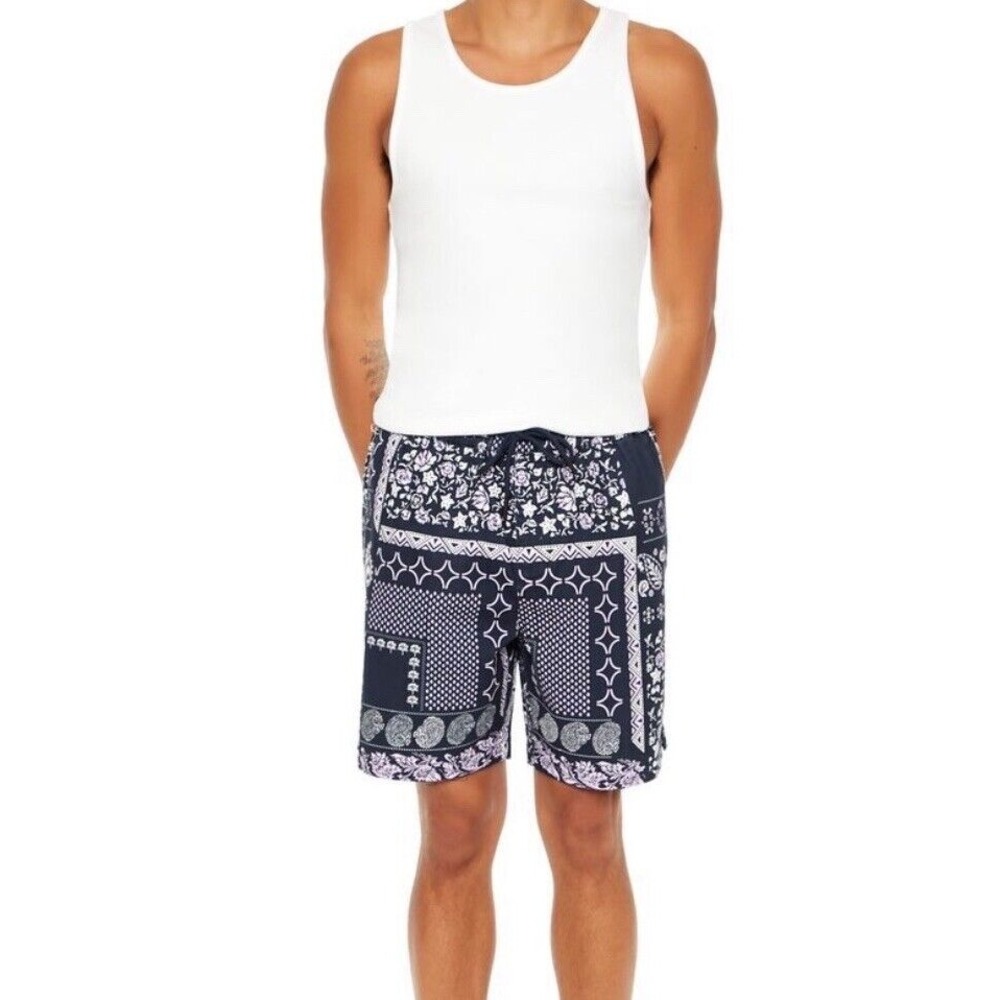Forever 21 Men's Twill Allover Ornate Print Volley Shorts Black/Multi Size XL